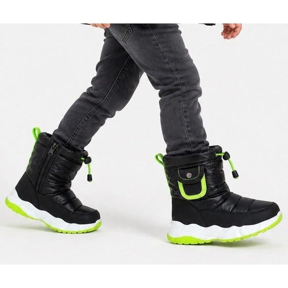 Kids Snow Boots Black Neon Green Insulated Waterproof Zip US 12 Toddler